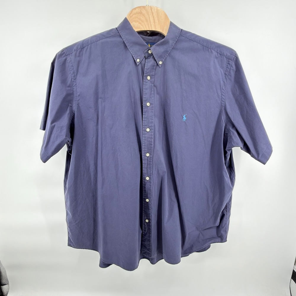 Ralph Lauren Button Down Shirt Mens XL Navy Blue Stretch Cotton Short Sleeve